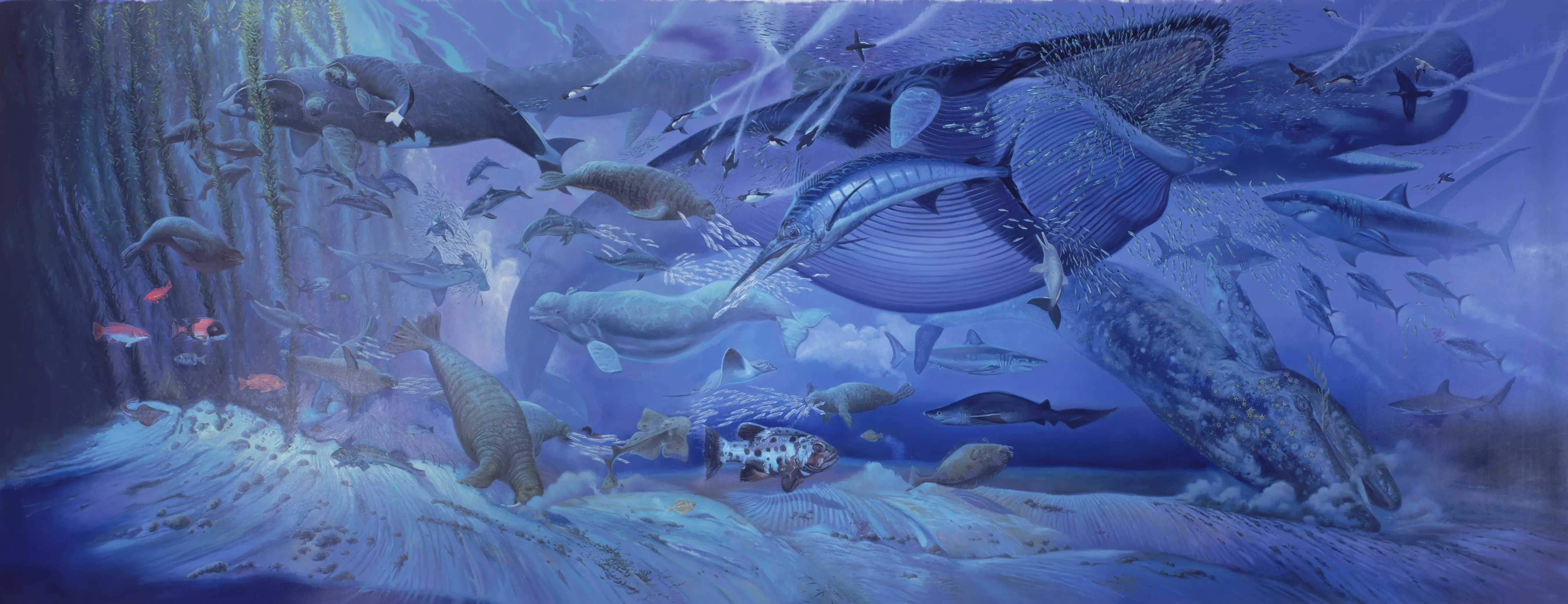 All Creatures Great and Small: Quarter Scale painting (Pliocene Bay with Feeding Whales), William Stout