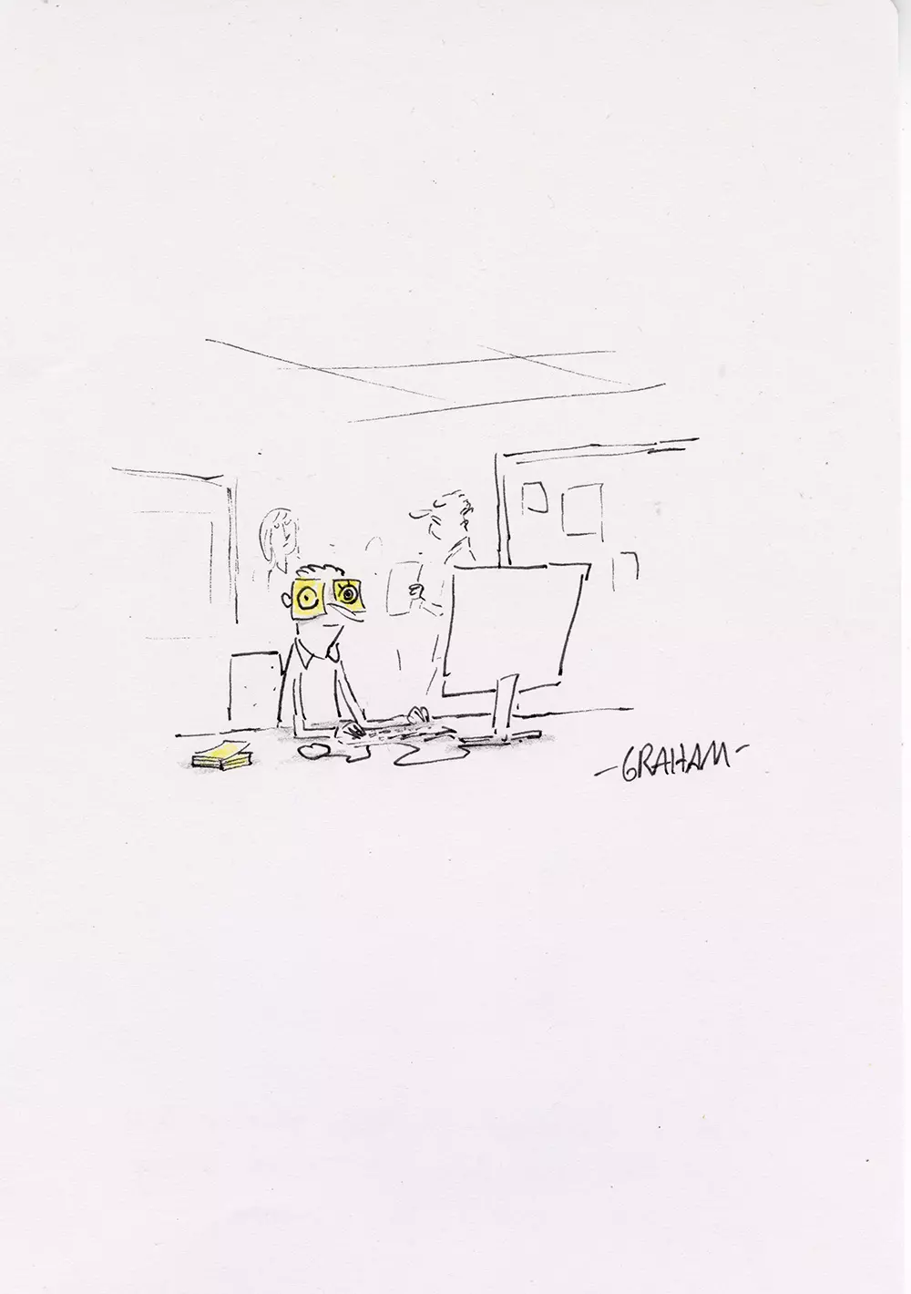 He'd managed to sleep through 3/4 of the work day undetected using the post-its, Graham Annable