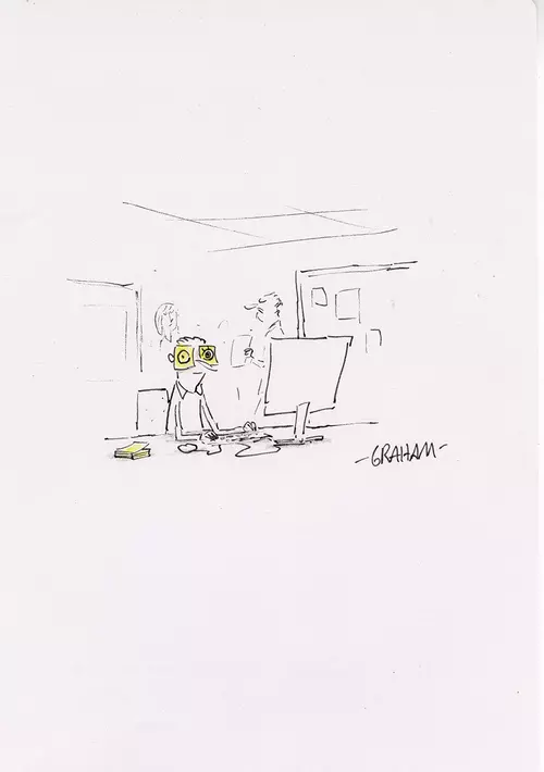 He'd managed to sleep through 3/4 of the work day undetected using the post-its, Graham Annable