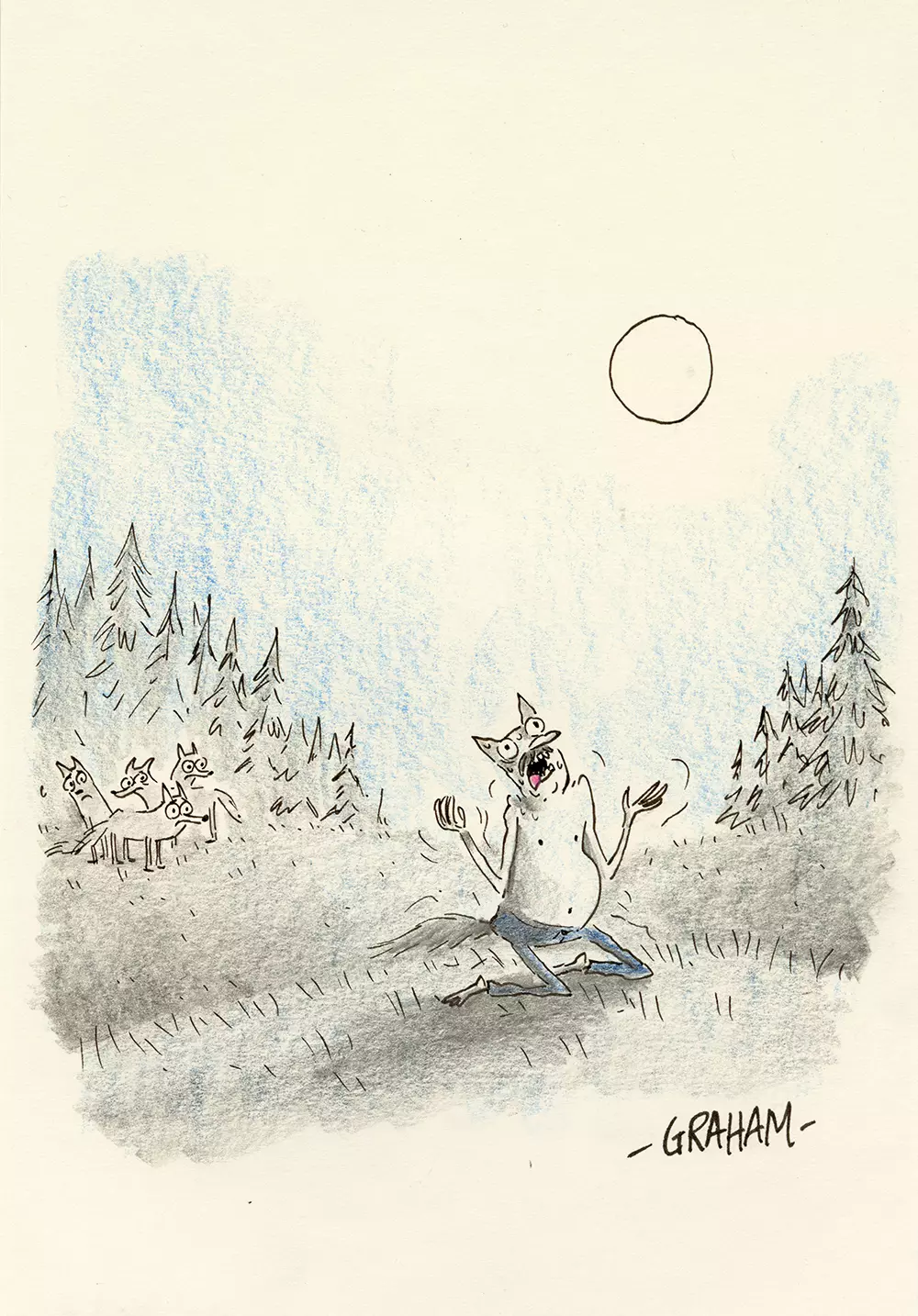 The pack watched helplessly as yet again their Alpha's curse turned him into a middle-aged were-man for the remainder of the night., Graham Annable