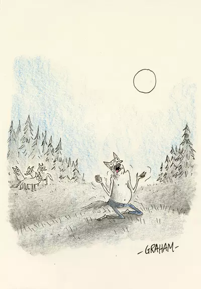 The pack watched helplessly as yet again their Alpha's curse turned him into a middle-aged were-man for the remainder of the night., Graham Annable