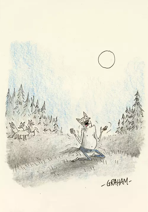 The pack watched helplessly as yet again their Alpha's curse turned him into a middle-aged were-man for the remainder of the night., Graham Annable