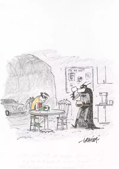 Doodle 51 - Robin honestly enjoyed the Bat Cave, rides in the Batmobile, and all the benefits of being a full-time Bat employee. He just wished the Bat coffee was a bit better, Graham Annable