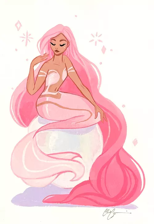 Pink Mermaid on a Pearl, cliodraws