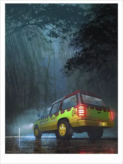 Jurassic Park Ford Explorer - Night (PRINT), Nicolas BANNISTER