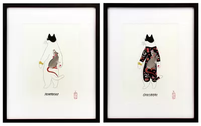 Nukibori Cat 抜き彫り猫 & Gakubori Cat 額彫り猫  (Set), horitomo