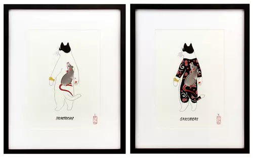 Nukibori Cat 抜き彫り猫 & Gakubori Cat 額彫り猫  (Set), horitomo