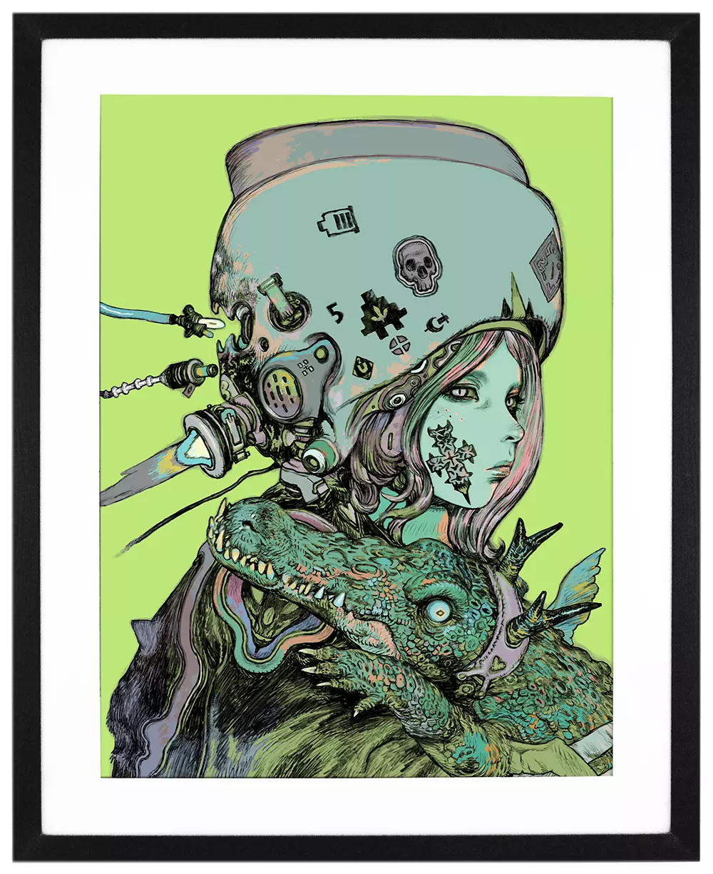 A woman holding a green cat, Katsuya Terada
