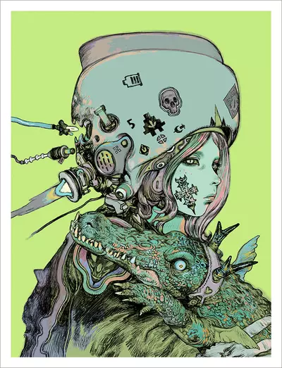 A Woman Holding A Green Cat [PRINT], Katsuya Terada